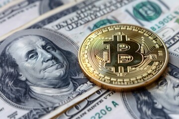 Poster - Gold bitcoin is lying on top of a blurred background of american one hundred dollar bills