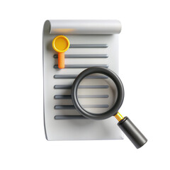 Poster - A 3D render showing a document with lines and a magnifying glass placed over it, emphasizing details. Suitable for research or analysis.
