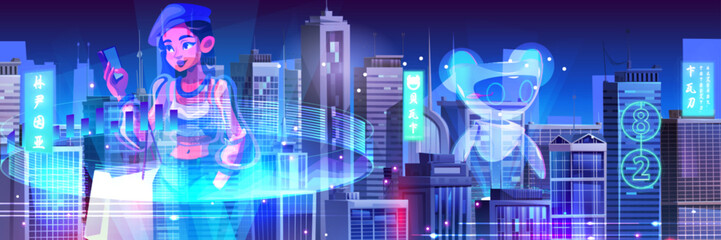 Poster - Holographic character of woman with phone and cute robot float above neon glowing metaverse city. Tech urban landscape with illuminated sign on futuristic buildings. Virtual reality gaming interfaces.