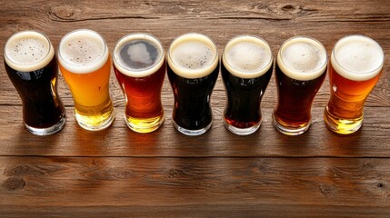 A colorful display of various beer glasses arranged on a wooden surface, showcasing different beer styles and textures.