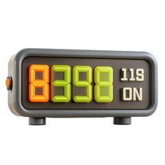 Poster - A 3D rendered digital timer displaying the time 8398 with seconds indicated, shown in green and orange colors on a black background.