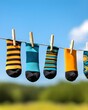 © Vibe Stock - Colorful striped socks hanging on a clothesline in nature