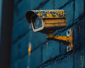 High-definition surveillance camera on a brick wall in a commercial district, focusing on the detailed metallic finish and wide coverage angle