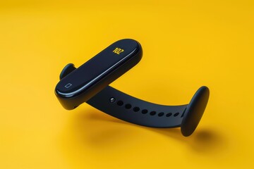 Black fitness tracker on a bright yellow background displaying heart rate and time