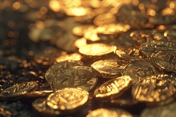 Poster - Pile of bitcoin cryptocurrency is shining under a golden light