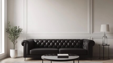 Poster - Sleek minimalist living room with a black leather sofa white walls and an elegant glass coffee table The space has a neutral color palette with gray and beige tones and modern lighting