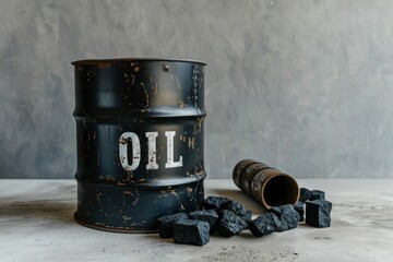 oil barrel, industrial, black background, charcoal pieces, vintage style, moody lighting, rustic decor, still life photography, energy concept, environmental impact, texture contrast