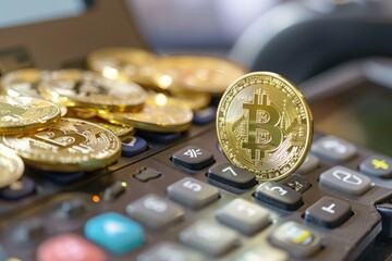 Poster - Bitcoin cryptocurrency standing on calculator keyboard buttons representing digital finance and investment