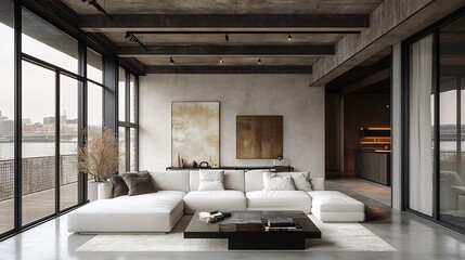 Poster - sleek ultramodern living room with a low white sofa black glass coffee table and polished concrete f