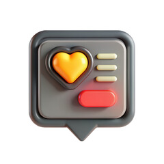Poster - A modern 3D icon featuring a heart symbol within a chat-like bubble design, set against a gray, orange, and yellow color scheme. It has smooth curves.