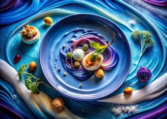 Wall Mural - Futuristic Food Photography: Abstract Blue Purple Waves and Fluid Art for Culinary Delights, Stunning Food Presentation, Modern Cuisine, Elegant Dining Experience, Visual Feast