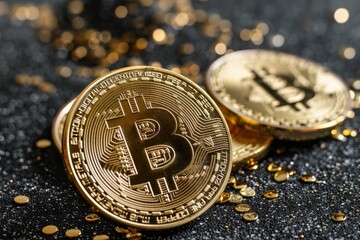 Poster - Bitcoin cryptocurrency coins are laying on a black sparkly surface with gold glitter confetti