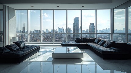 Fototapete - Sleek urban living room with a black sectional a minimalist white coffee table and floortoceiling windows offering city views The room is accented with modern chrome lighting fixtures