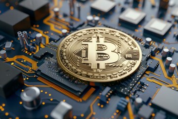 Poster - Gold bitcoin coin is lying on a circuit board, suggesting the connection between cryptocurrency and computer processing power