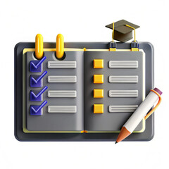 Poster - A 3D render of a notebook featuring checklists and a graduation cap, symbolizing education and achievement.