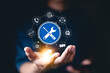 © Supatman - Technical Support and Customer Service Concept. Icon of tools, with icons for customer service, 24/7 support, communication, and technical maintenance. business technology in customer assistance.