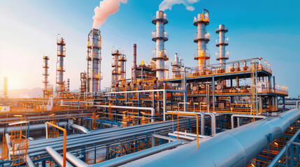 Sticker - long exposure shot of petrochemical facility showcasing towering structures and intricate piping against vibrant sky. scene captures industrial essence and energy of site