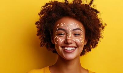 Smiling woman with curly hair and face paint.