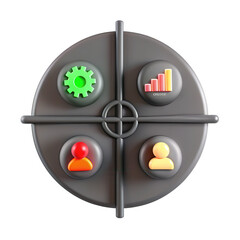 Aufkleber - This 3D rendered model showcases a circular icon design featuring colorful elements like a gear, charts, and user icons, perfect for a modern workspace.