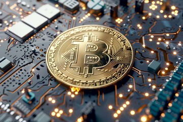 Poster - Golden coin is resting on a circuit board illuminated by warm light, suggesting the growing connection between technology and finance