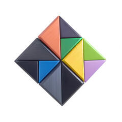 Poster - A vibrant geometric puzzle made of several colorful triangular pieces arranged symmetrically. It's a 3D model featuring various shapes and colors.
