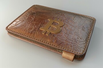 Brown leather crypto currency wallet closed with a gold bitcoin symbol on the front laying on a white surface