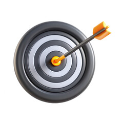 Poster - A 3D render of a dart hitting the center of a target. The target features concentric rings with a sleek, modern design and vivid colors, emphasizing precision.