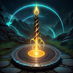 A glowing wooden staff with a fiery tip is centered on a stone altar surrounded by cobblestones. The staff is emitting a bright light, illuminating the scene. In the background, dark mountains rise u