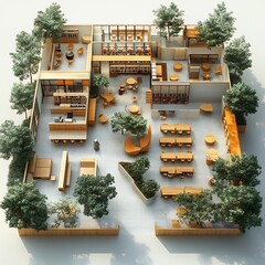 Poster - Top view 3D render of a vibrant student center featuring cafes and open lounge spaces for student gatherings floor plan on white background