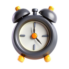Poster - A 3D render of a gray alarm clock with yellow accents, showcasing a classic design. The clock features bold black hands on a white face.