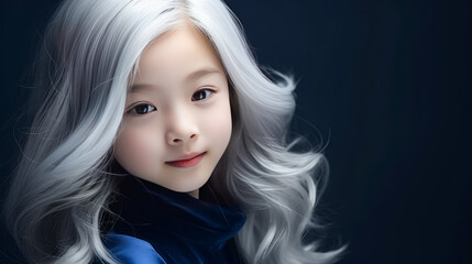 Portrait of asian girl child with long white hair blue background.