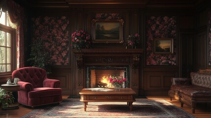 Poster - Traditional Victorianstyle living room with a burgundy velvet armchair ornate wooden coffee table and a grand fireplace The walls are adorned with dark wood paneling and floral wallpaper