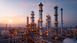 © AlexPhototest - wide angle shot of refinery towers and petrochemical facilities at sunset, showcasing industrial structures and illuminated pipelines. scene captures essence of energy production and manufacturing