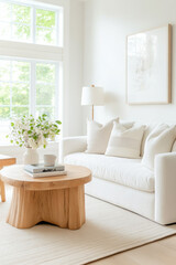 Canvas Print - A bright and airy interior featuring cozy white sofa adorned with soft pillows, natural wood coffee table, and stylish lamp. space is enhanced by greenery and natural light, creating serene atmosphere