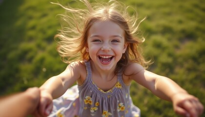 A cheerful young girl smiling brightly while playing outside in the sunlight, her hair blowing in the wind.