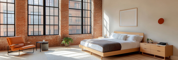 Canvas Print - A modern bedroom featuring large bed, stylish chair, and ample natural light from expansive windows. warm brick walls add cozy touch to contemporary design