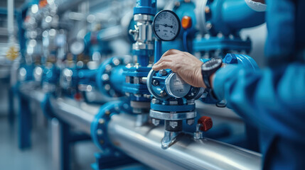 Aufkleber - worker examining valves and gauges in industrial setting, showcasing precision and attention to detail in mechanical environment