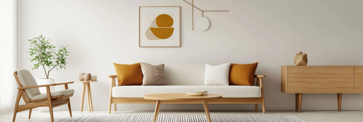 Canvas Print - A modern interior featuring stylish sofa with orange and white cushions, wooden coffee table, and minimalist decor. space exudes warmth and tranquility