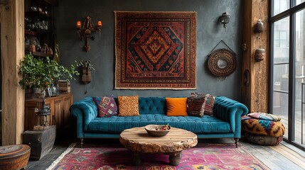 Poster - Vibrant bohemian living room with a teal velvet couch eclectic mix of patterned cushions and a colorful Moroccan rug The walls are decorated with tapestries and wooden accent pieces