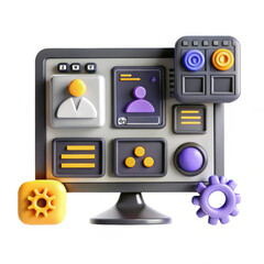 Poster - A colorful 3D render of a stylized digital interface with various icons and buttons. Features bright colors and playful design elements, ideal for modern applications.