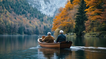 Two Senior Men Rowing a Wooden Boat on a Calm Lake Surrounded by Autumn Foliage