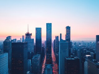 a breathtaking skyline at sunset, showcasing tall buildings and vibrant city life in a modern urban 