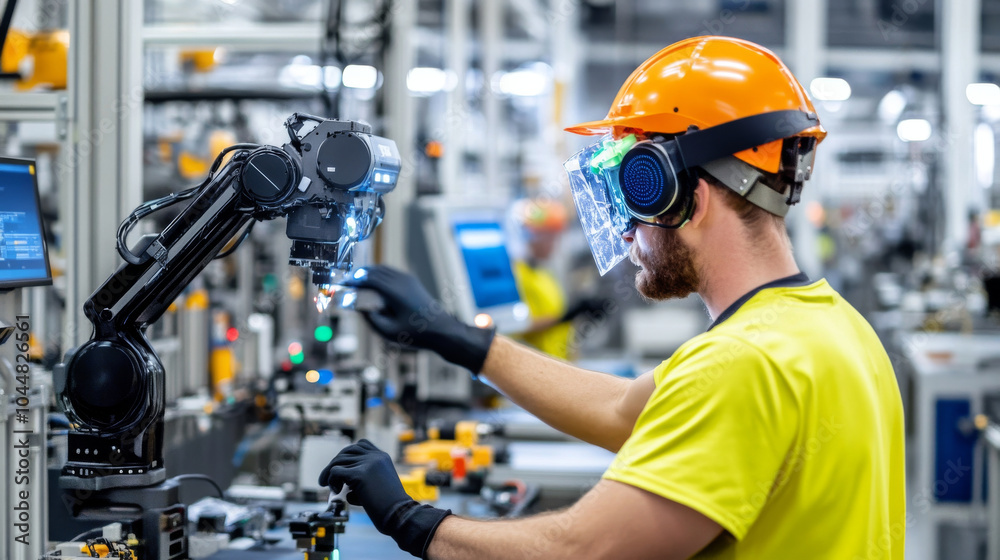 A worker in yellow shirt and safety gear operates robotic arm in modern ...