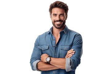 Poster - Man dressed in casual denim shirt adult smile white background.