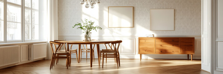 Poster - A bright and airy interior featuring wooden dining table surrounded by chairs, complemented by stylish sideboard. Natural light enhances elegant design and warm tones