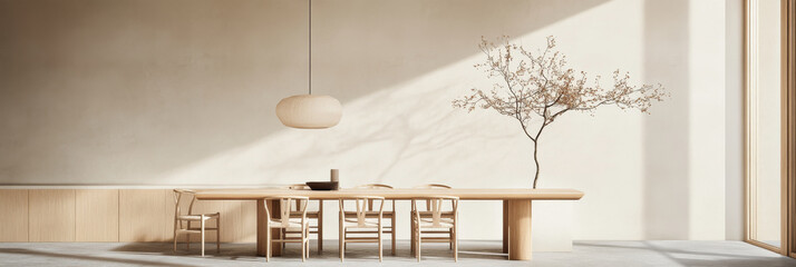 Poster - A serene interior featuring minimalist dining area with wooden table, elegant chairs, and decorative tree. soft lighting creates calm atmosphere, enhancing natural beauty of space