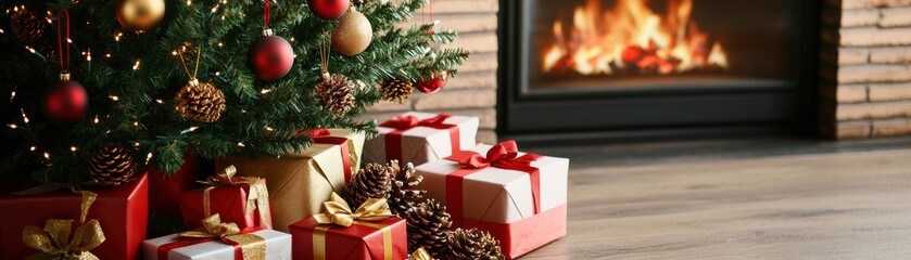 A cozy Christmas scene featuring a decorated tree and beautifully wrapped presents by a warm fireplace, embracing holiday spirit.