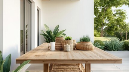 Boho outdoor dining area with wooden table, organic woven decor, surrounded by natural greenery, soft sunlight, earthy tones and textures, 3D render, photorealistic, wideangle view