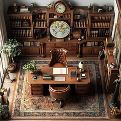 Poster - Vintage home office with an antique desk ornate classic chair and nostalgic retro accents top view 3D render with a unique floor plan isolated on a white background
