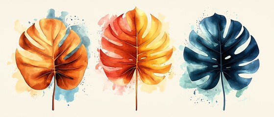 Wall Mural - colorful botanical illustrations in minimalist style colorful tropical leaves on white background